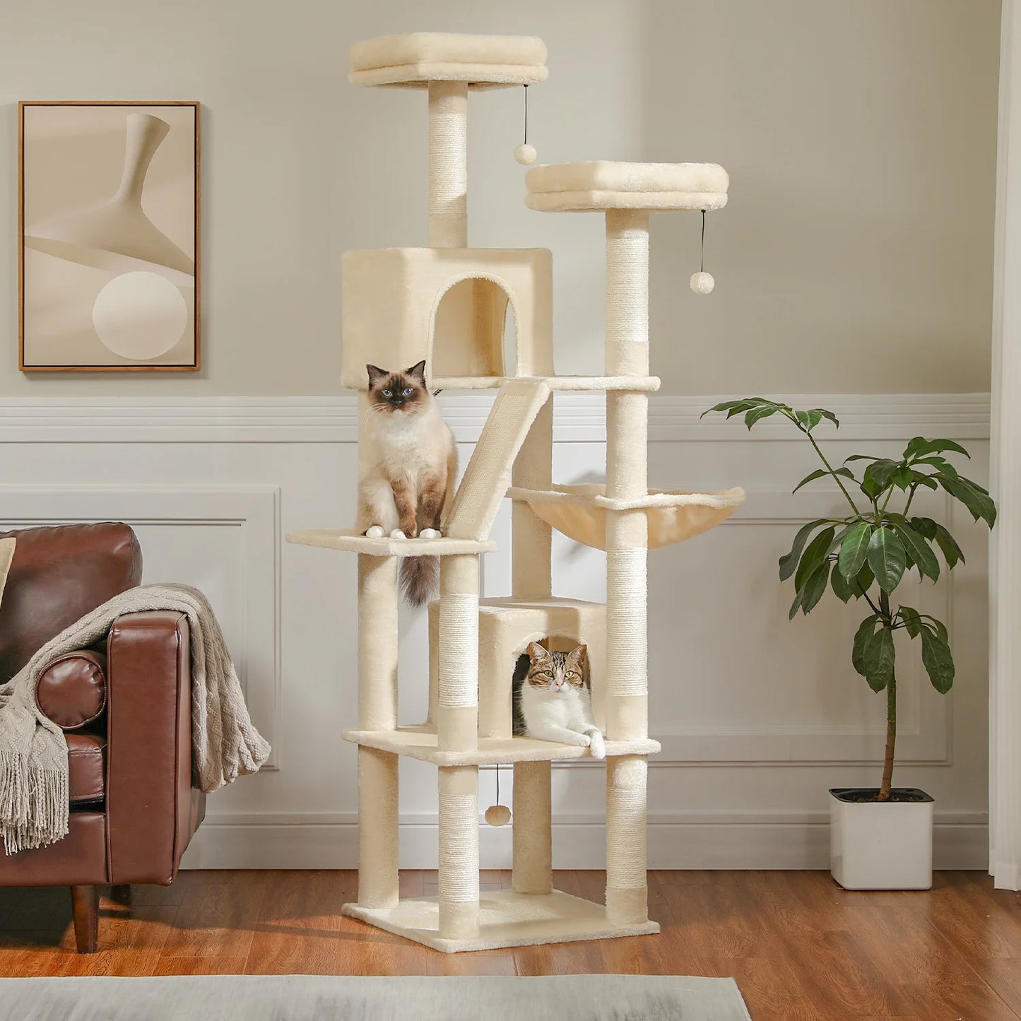 Arbre à Chat 180cm Multi-Niveaux - 6 Poteaux Griffoirs - Hamac