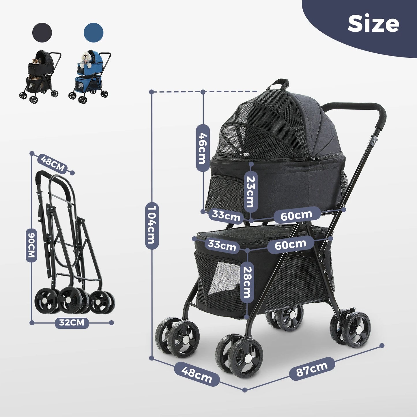 Poussette Double Chien Chat - Pliable - Compartiments Détachables - 2 Niveaux