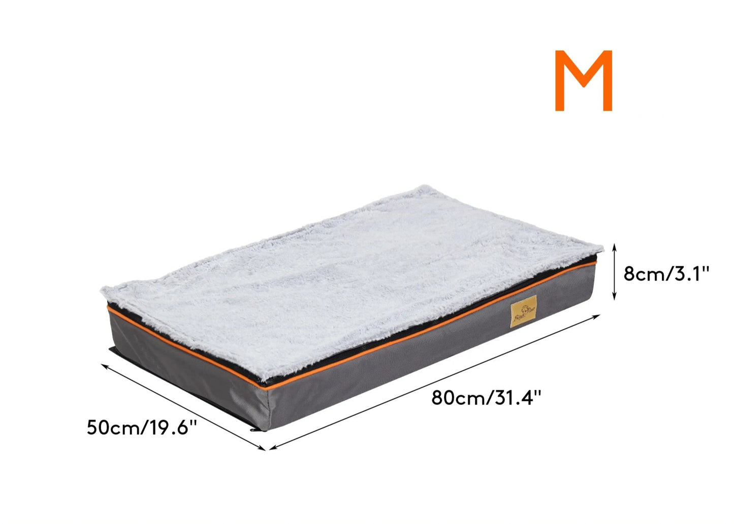 Dog bed with dimensions labeled on a white background