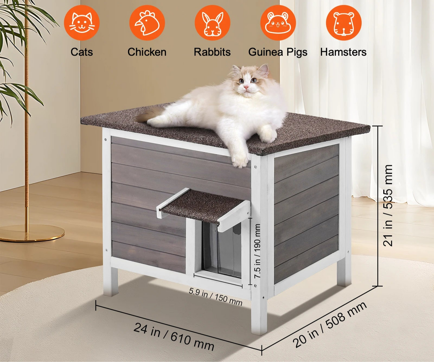 Petite Cabane Chat Extérieur - Cèdre Isolée - Rideau PVC Amovible