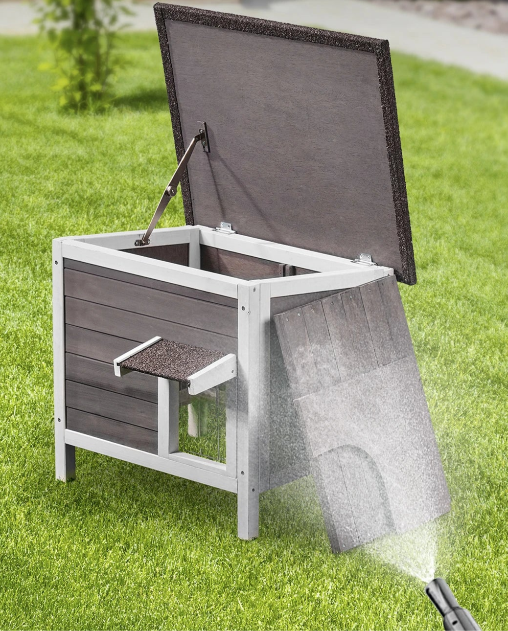Petite Cabane Chat Extérieur - Cèdre Isolée - Rideau PVC Amovible