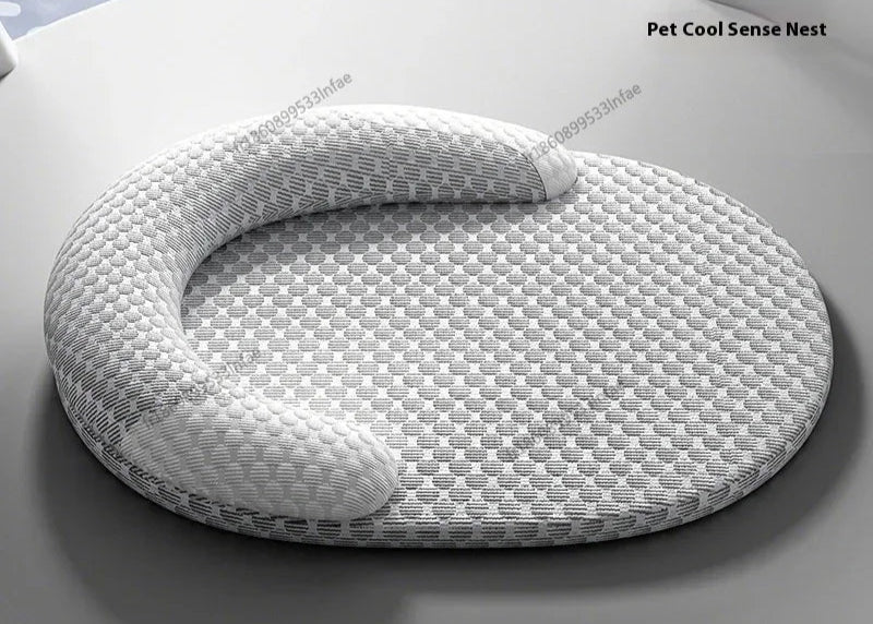 Gray pet cooling nest with 'Cool Ice Beans' text on a light gray background