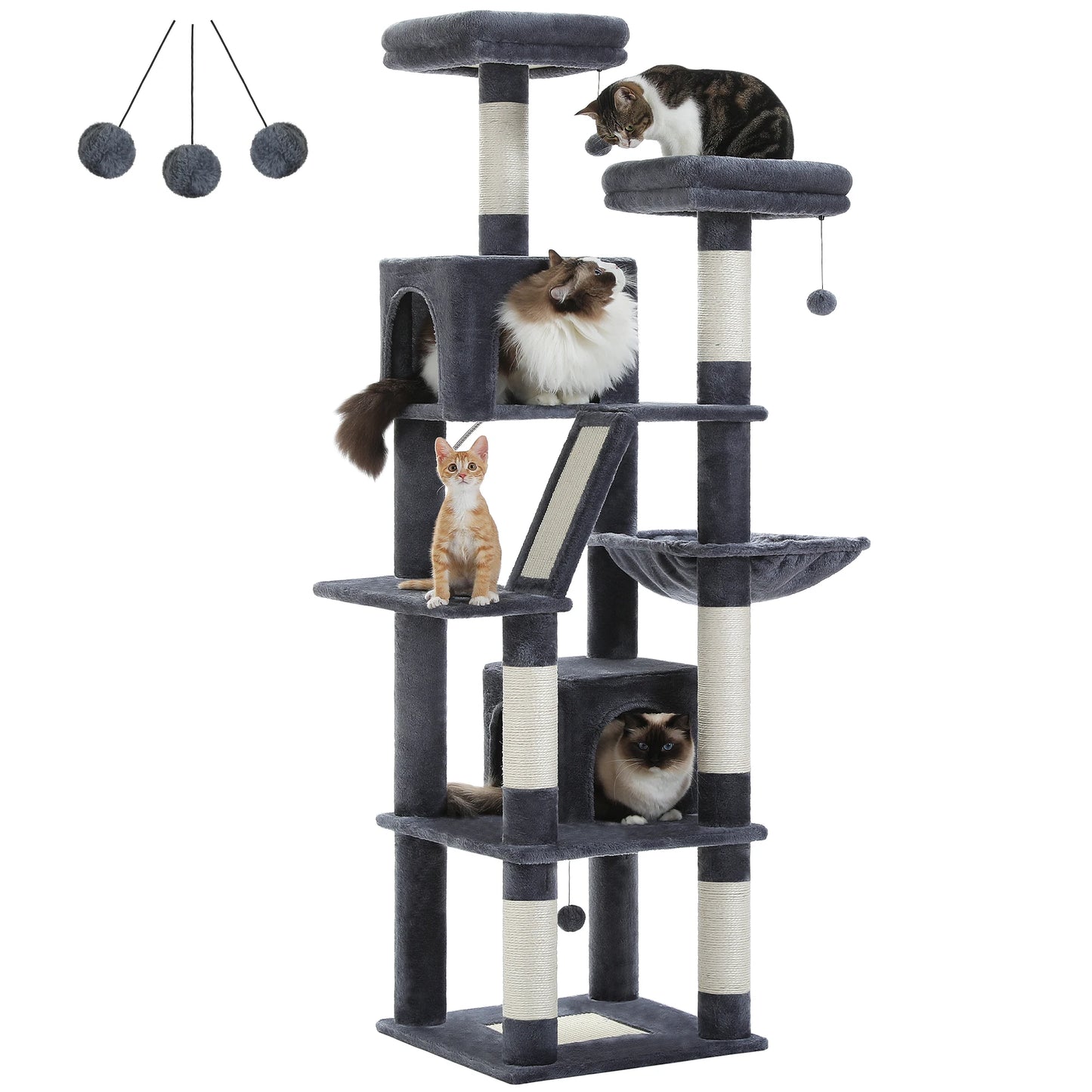 Arbre à Chat 180cm Multi-Niveaux - 6 Poteaux Griffoirs - Hamac