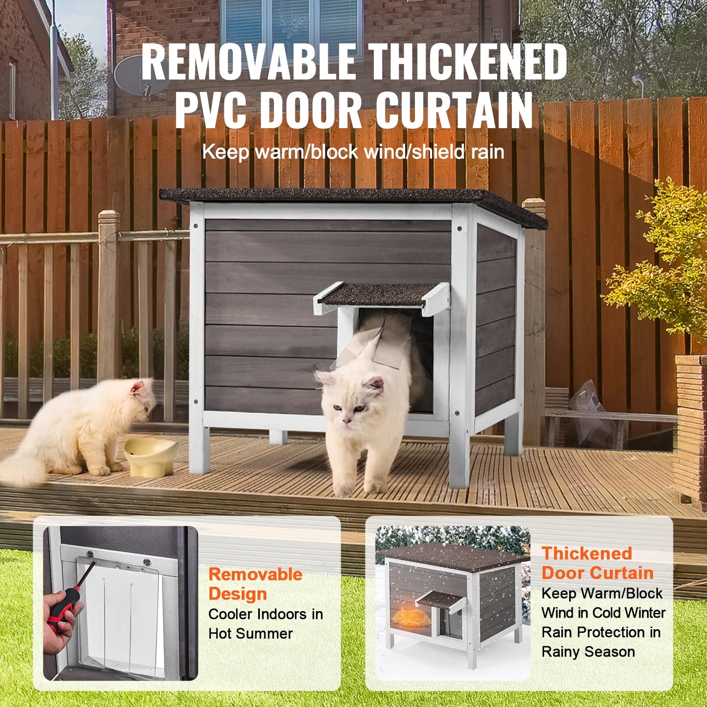 Petite Cabane Chat Extérieur - Cèdre Isolée - Rideau PVC Amovible