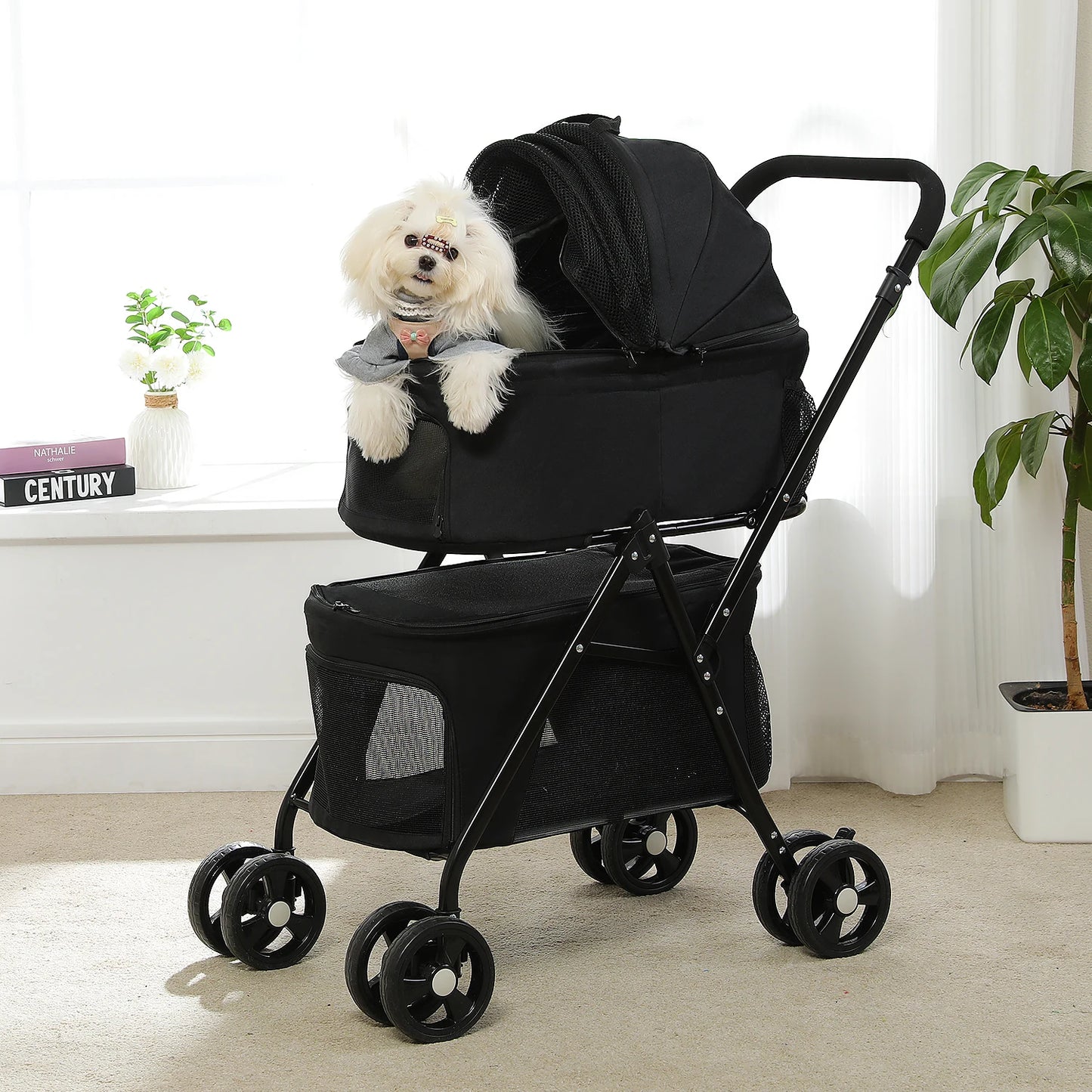 Poussette Double Chien Chat - Pliable - Compartiments Détachables - 2 Niveaux