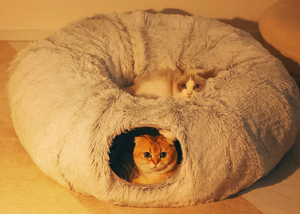 Panier Grotte Chat - 2-en-1 Tunnel Jeu - Pliable - Plush Longue