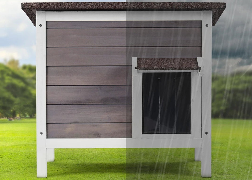Petite Cabane Chat Extérieur - Cèdre Isolée - Rideau PVC Amovible