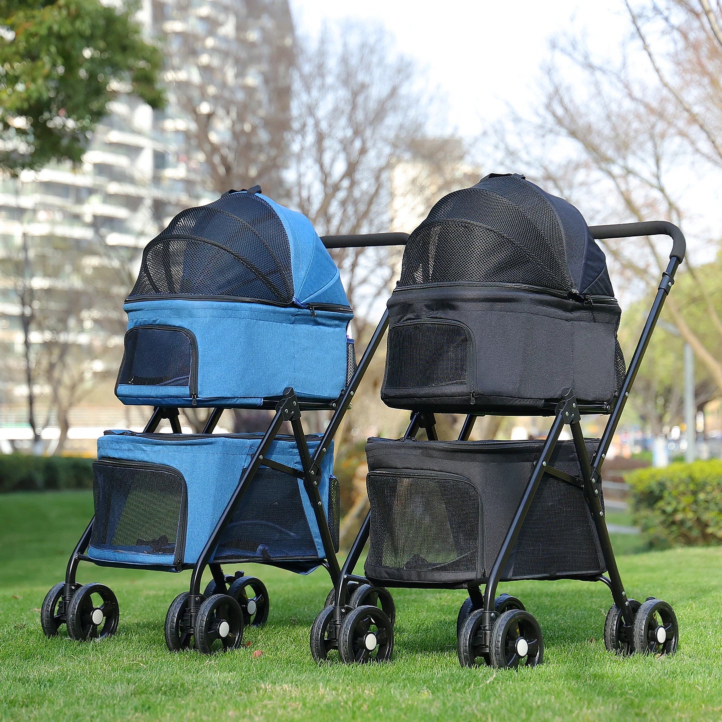 Poussette Double Chien Chat - Pliable - Compartiments Détachables - 2 Niveaux