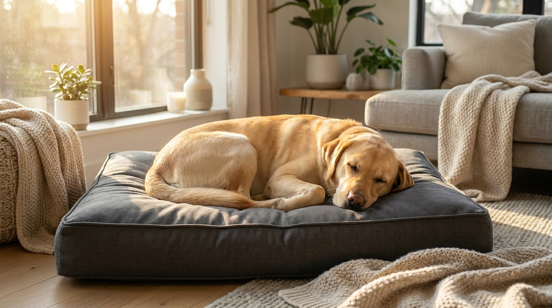 Labrador golden endormi sur un lit orthopédique gris à mémoire de forme