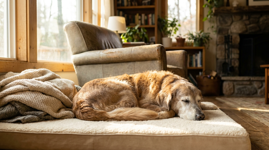 Golden Retriever senior endormi sur un panier orthopédique à mémoire de forme