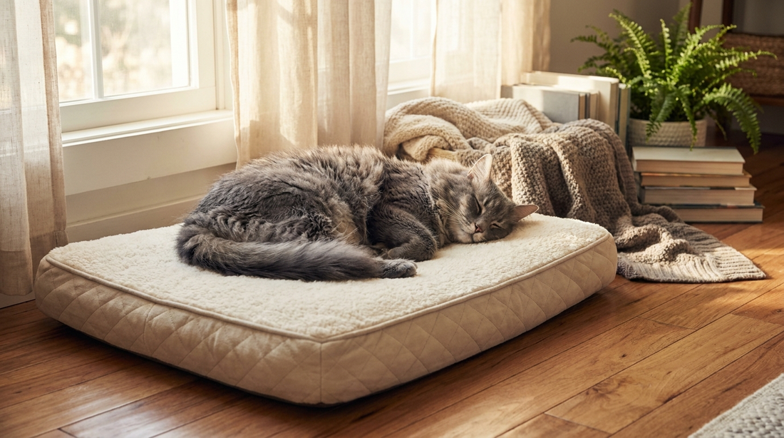 Chat senior endormi sur un coussin orthopédique à mémoire de forme
