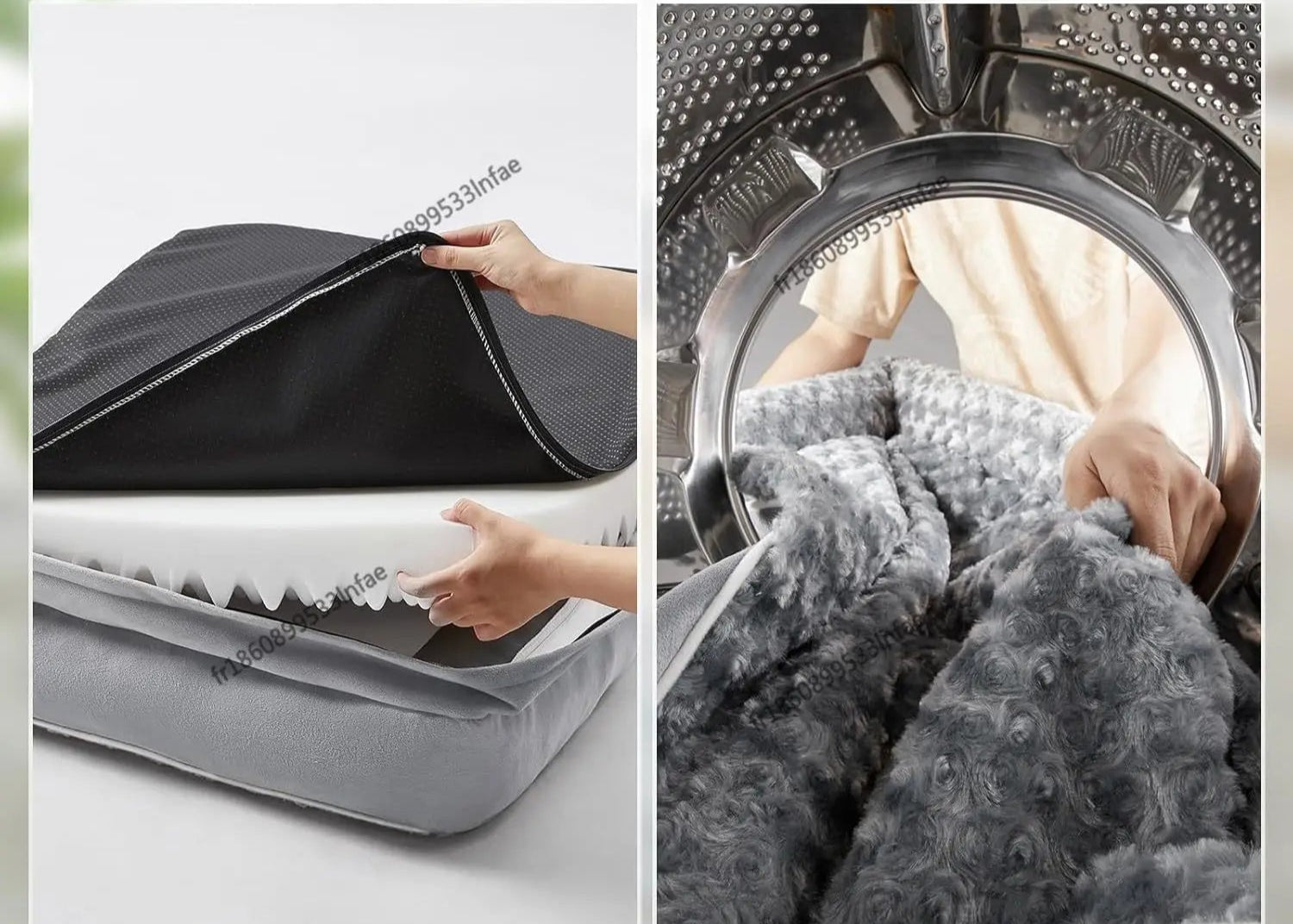 Machine washable cover with ease of care and maintenance text, showing a cover being placed into a washing machine.