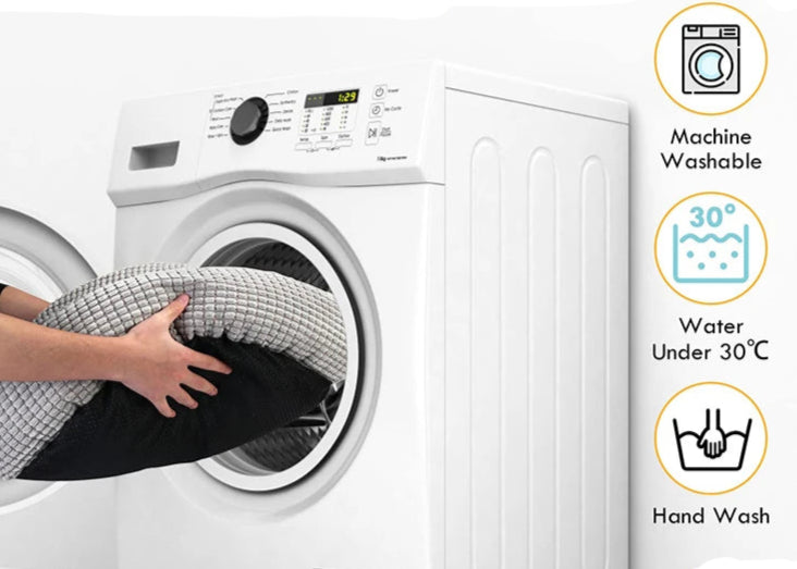 Person loading a washing machine with text on machine washability and water temperature.