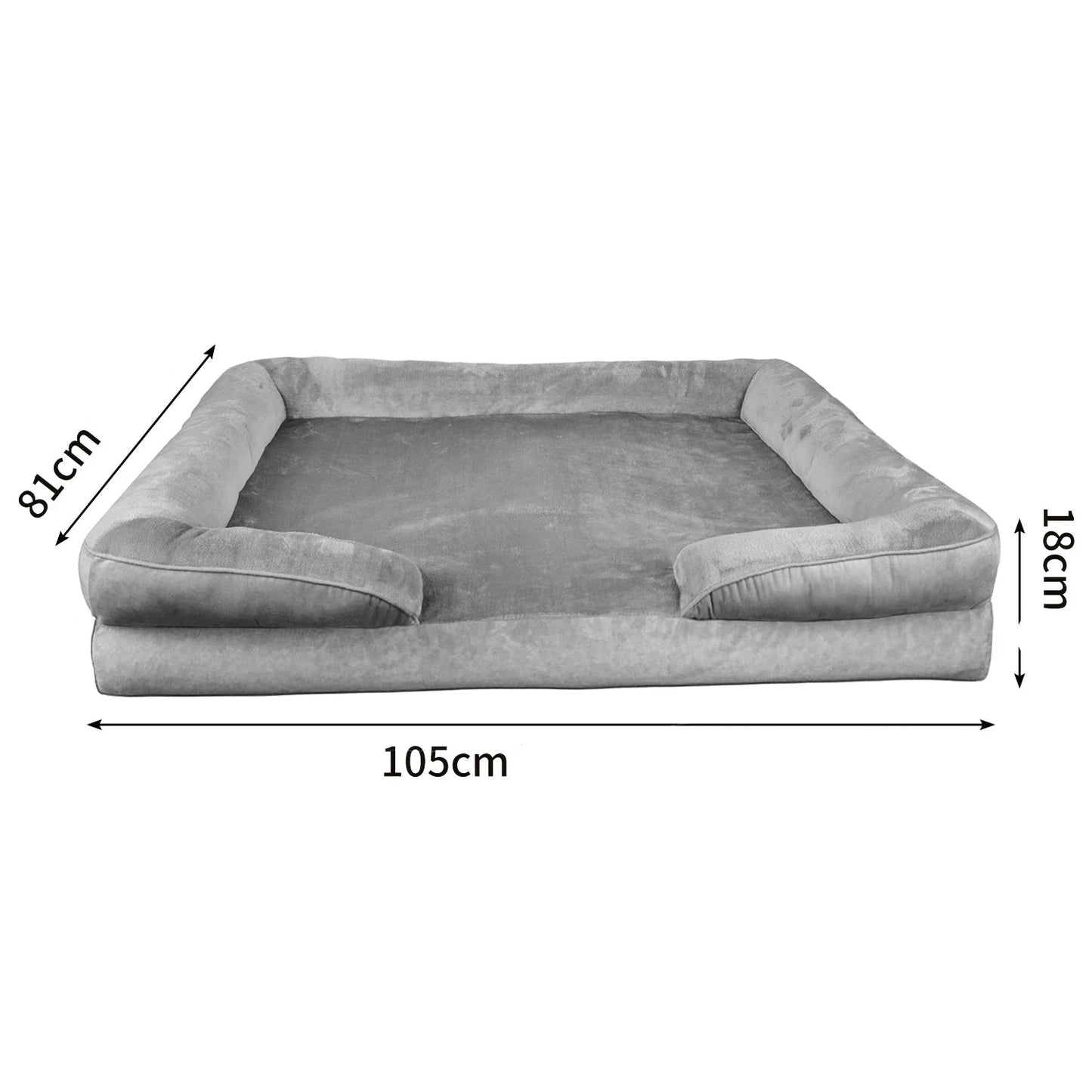 Gray Orthopedic Dog Sofa with dimensions labeled on a white background