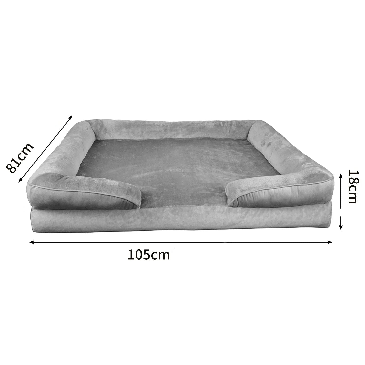 Gray Orthopedic Dog Sofa with dimensions labeled on a white background