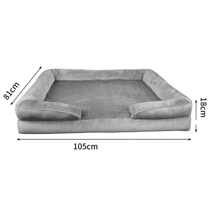 Gray Orthopedic Dog Sofa with dimensions labeled on a white background