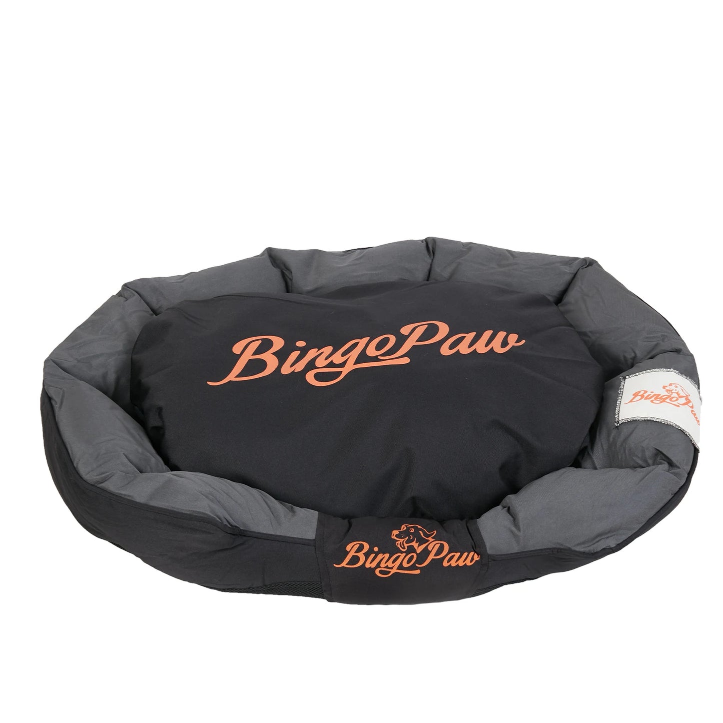 Black and gray pet bed with 'BingoPaw' branding on a white background