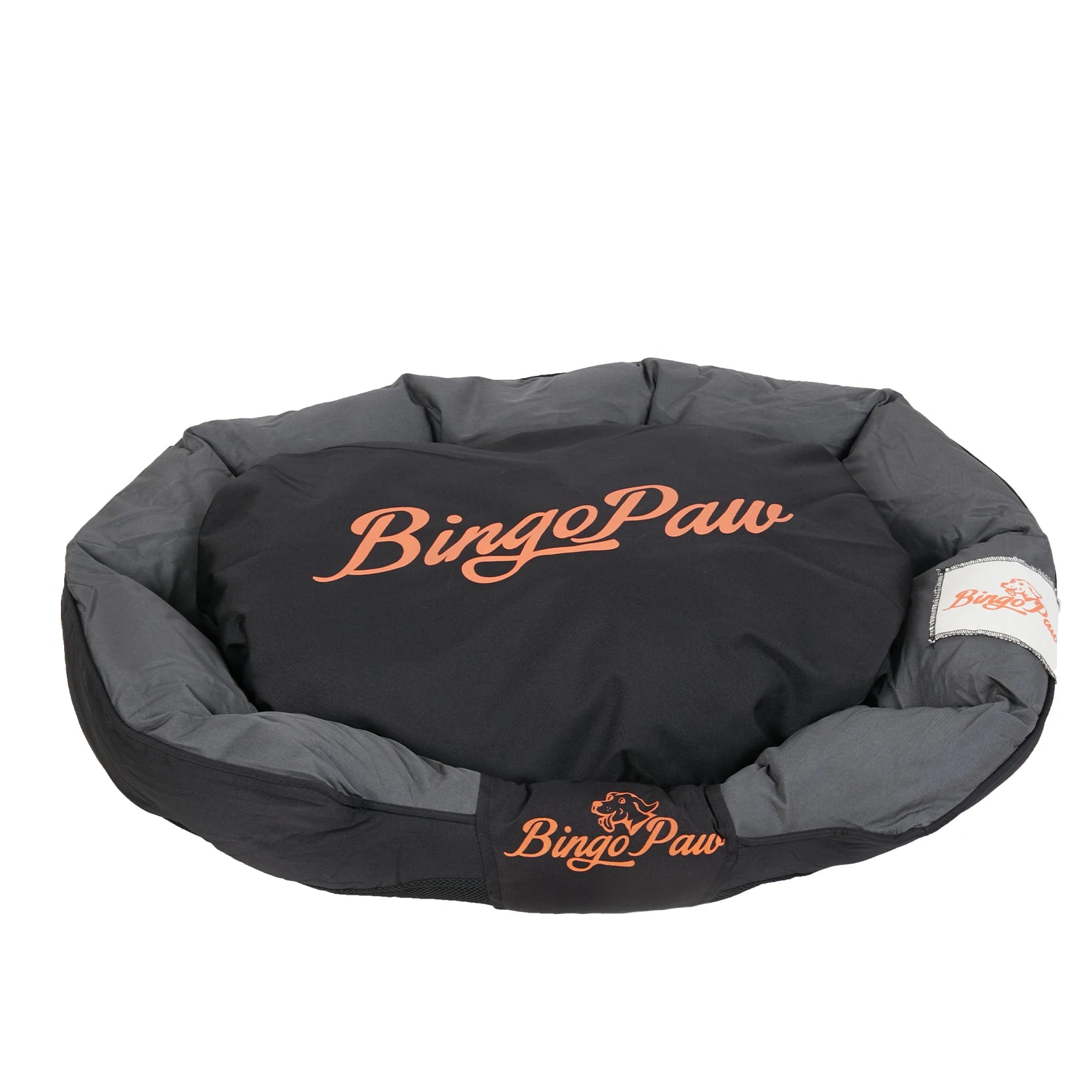 Black and gray pet bed with 'BingoPaw' branding on a white background