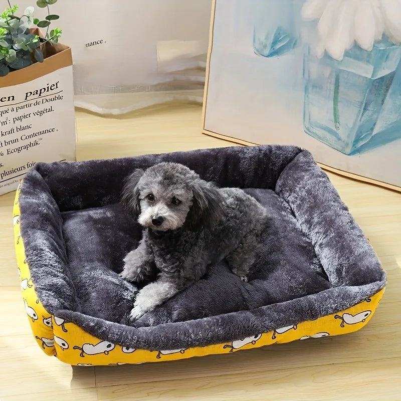 Dog lying on a gray pet bed with yellow edge in a room setting.