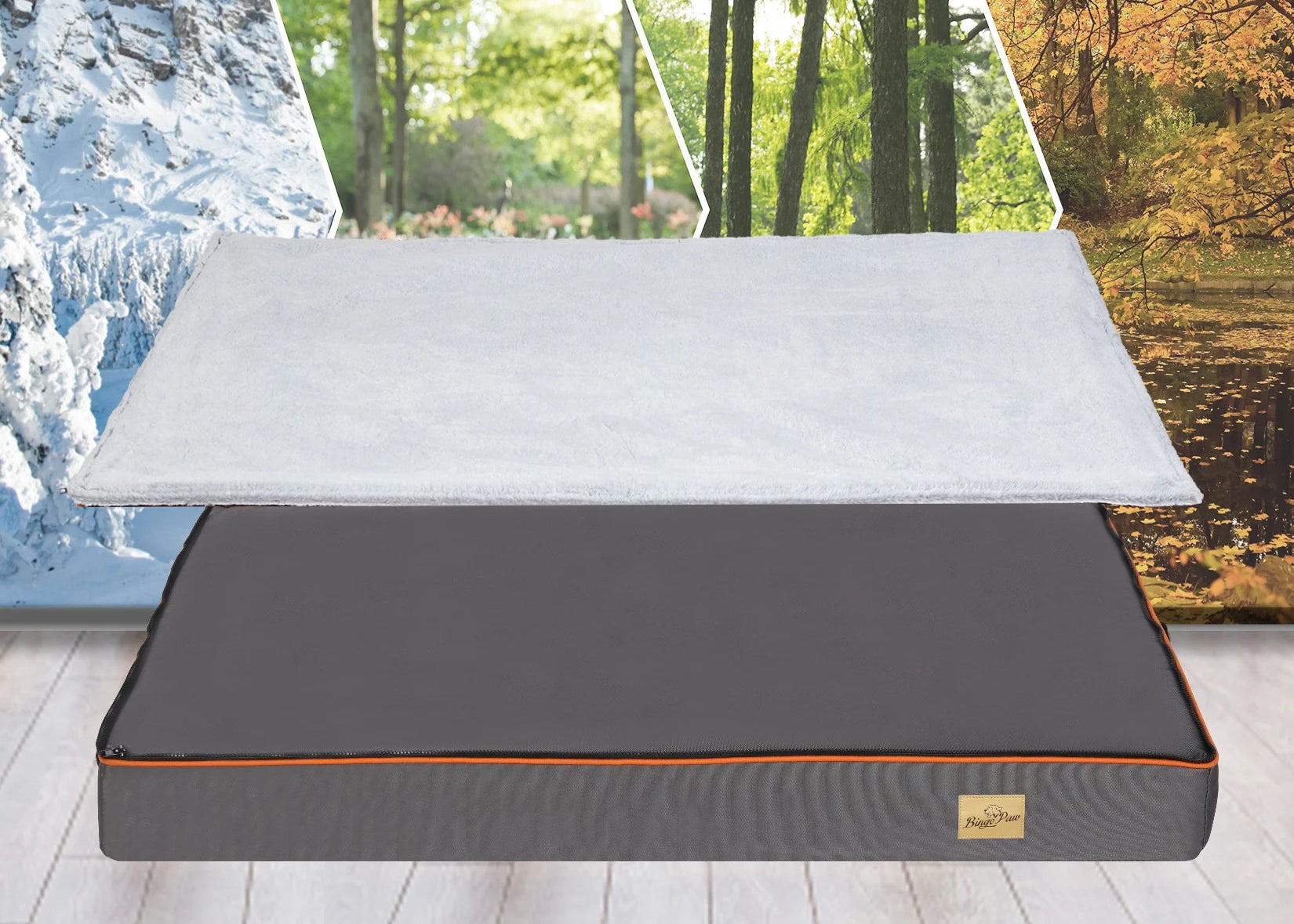 Gray and orange mattress on a wooden floor with nature-themed background