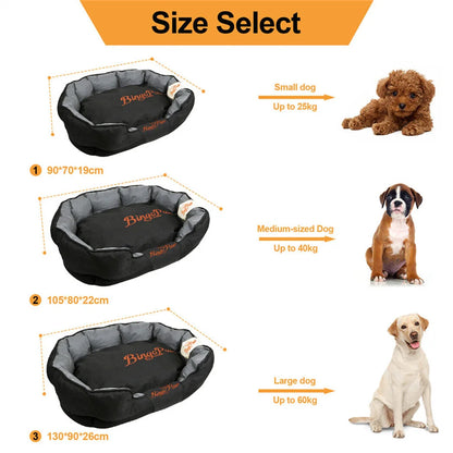 Dog Waterproof Orthopedic Dog Mattress size selector chart with measurements and dog illustrations for small, medium, and large dogs.