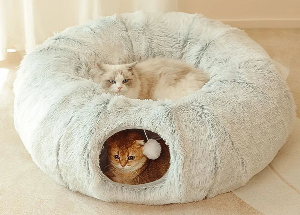 Panier Grotte Chat - 2-en-1 Tunnel Jeu - Pliable - Plush Longue
