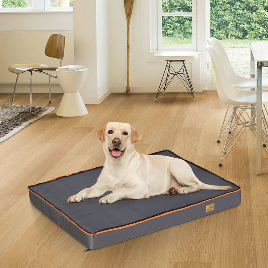 Dog lying on a large dog bed in a modern living room.