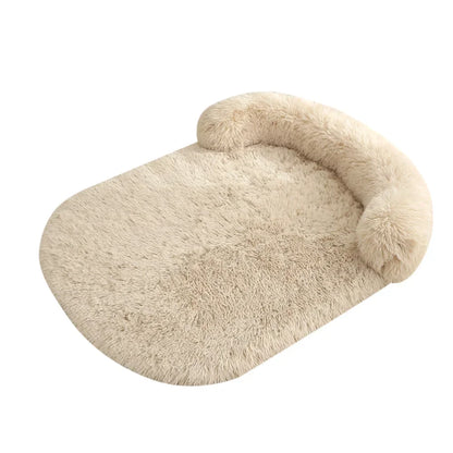 Beige fluffy pet bed on a white background