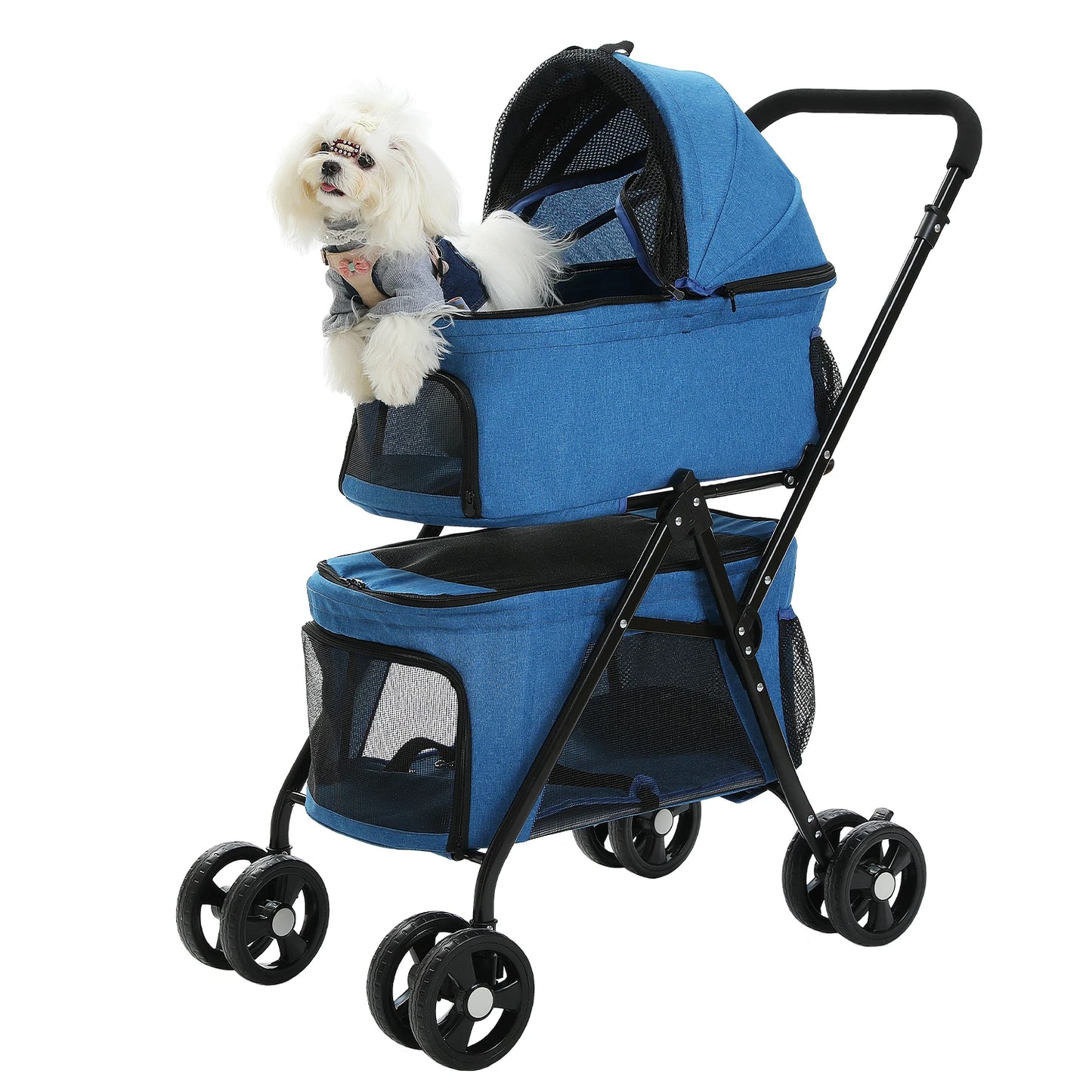 Poussette Double Chien Chat - Pliable - Compartiments Détachables - 2 Niveaux
