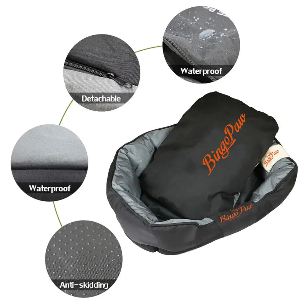 Black Orthopedic Dog Mattress with Bingo Paw branding, surrounded by close-up details on a white background.