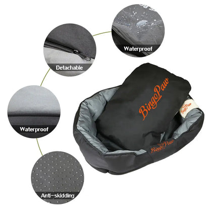 Black Orthopedic Dog Mattress with Bingo Paw branding, surrounded by close-up details on a white background.