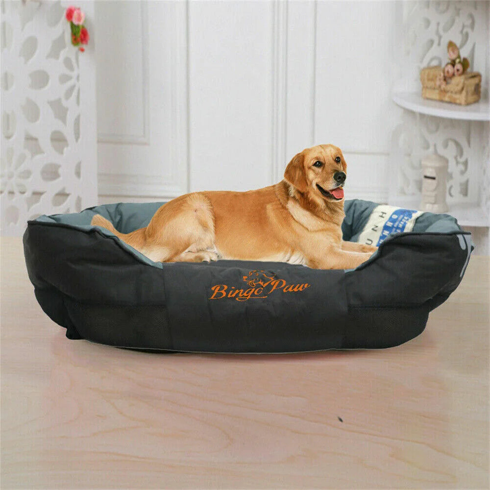 Dog lying on a black and gray pet bed.