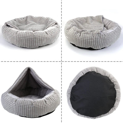 Gray pet bed shown from multiple angles on a white background