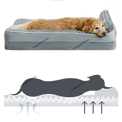 Dog lying on an orthopedic foam pet bed with text explaining its benefits.