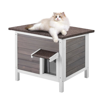 Petite Cabane Chat Extérieur - Cèdre Isolée - Rideau PVC Amovible