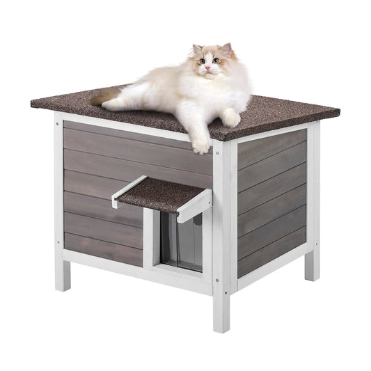 Petite Cabane Chat Extérieur - Cèdre Isolée - Rideau PVC Amovible