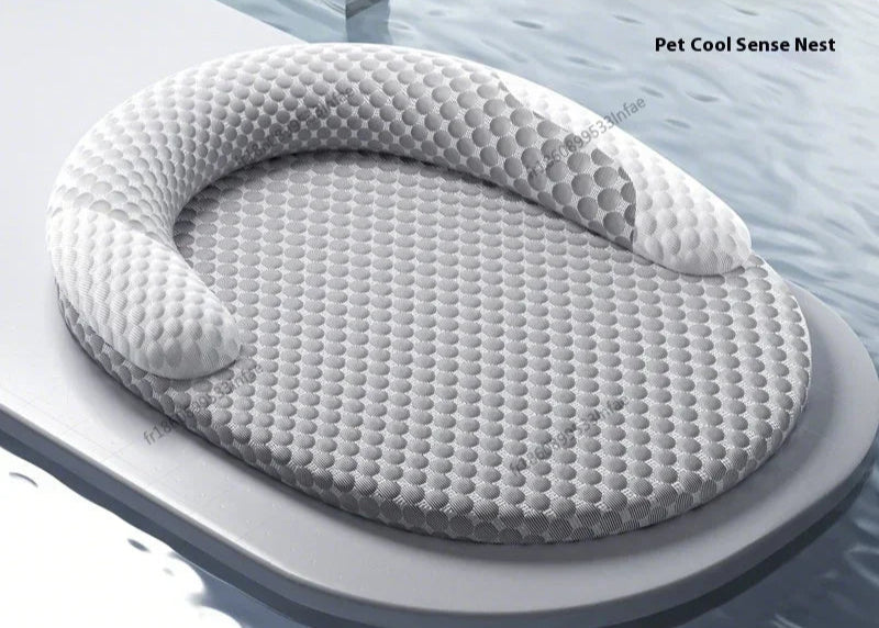 Gray pet cooling nest with honeycomb pattern on a blue background