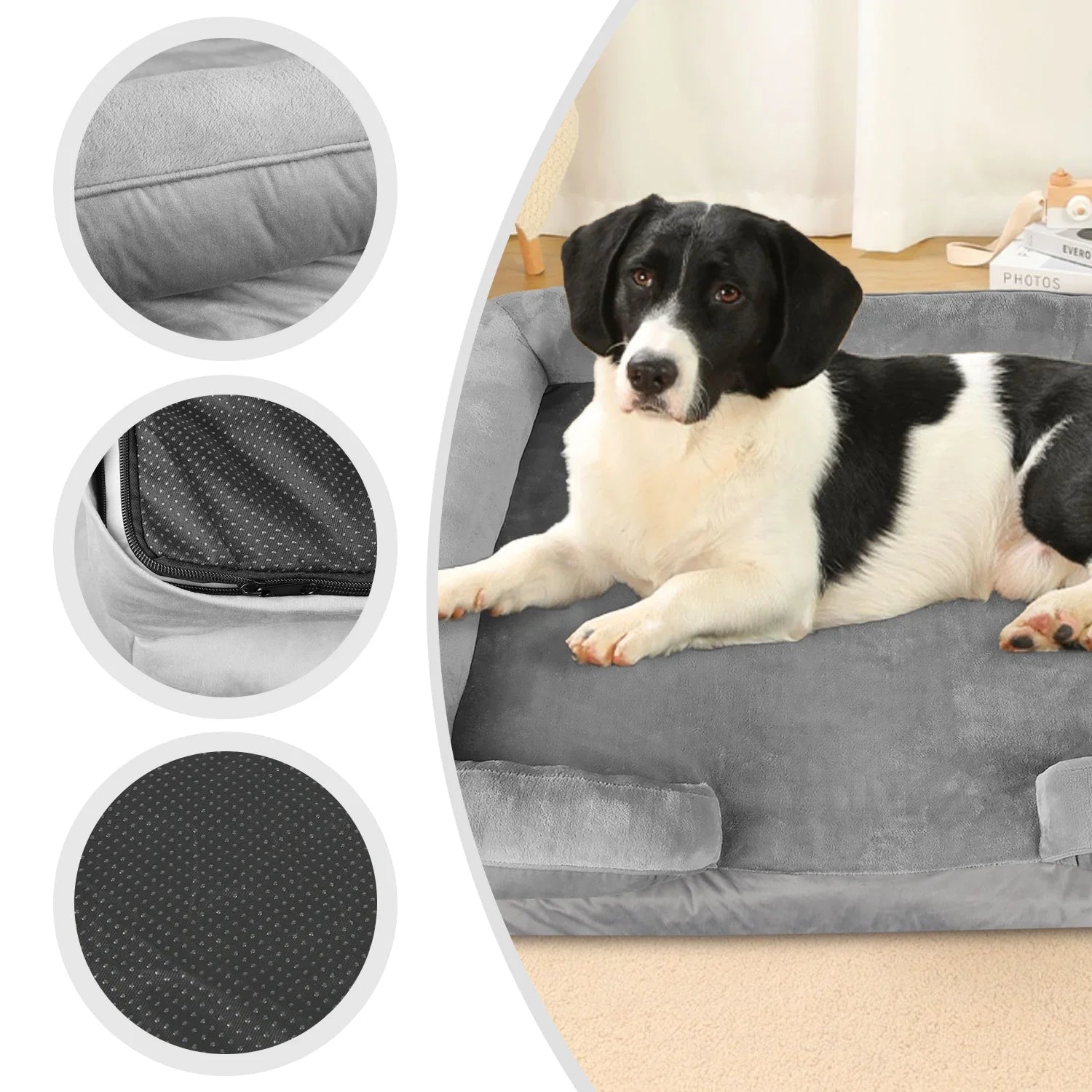 Dog lying on a gray pet bed with close-up insets showing texture details.