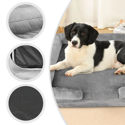 Dog lying on a gray pet bed with close-up insets showing texture details.