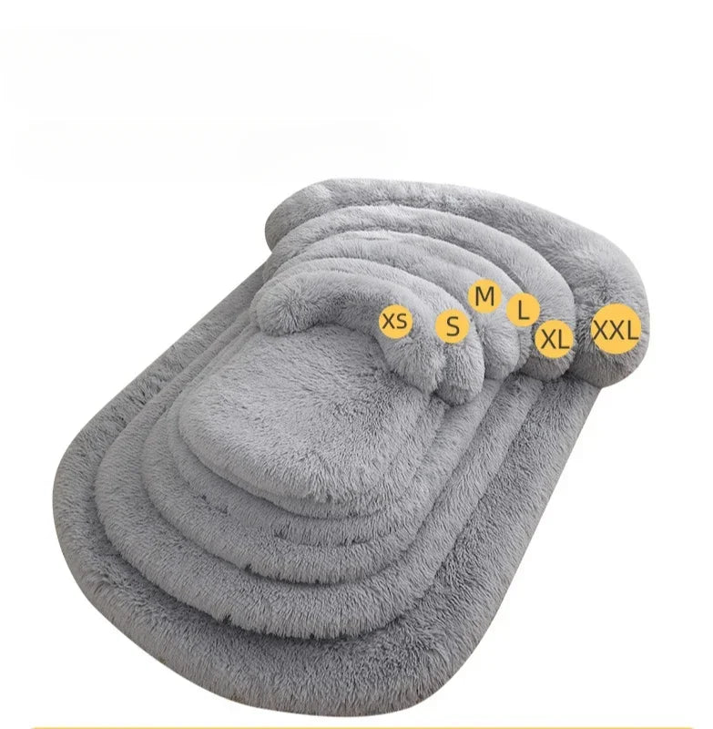 Set of gray pet beds in different sizes with size labels on a white background