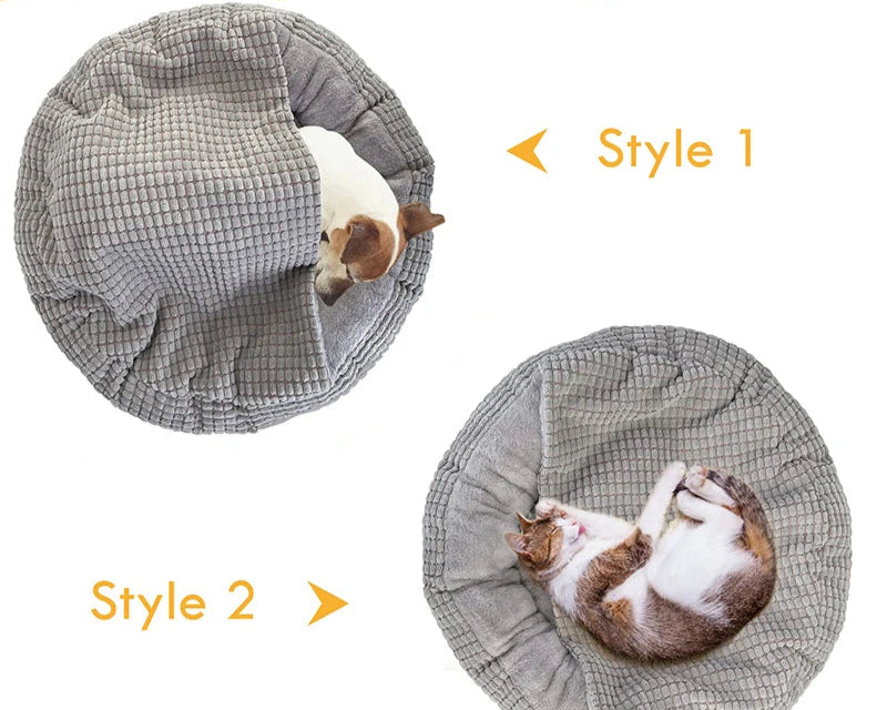Two styles of a soft and warm pet bed with pets inside on a white background.