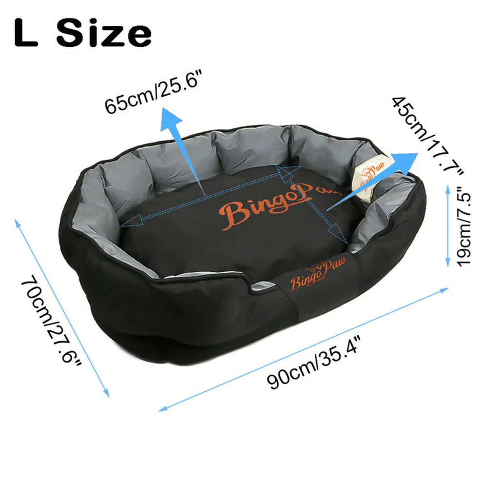 Black pet bed with dimensions labeled on a white background