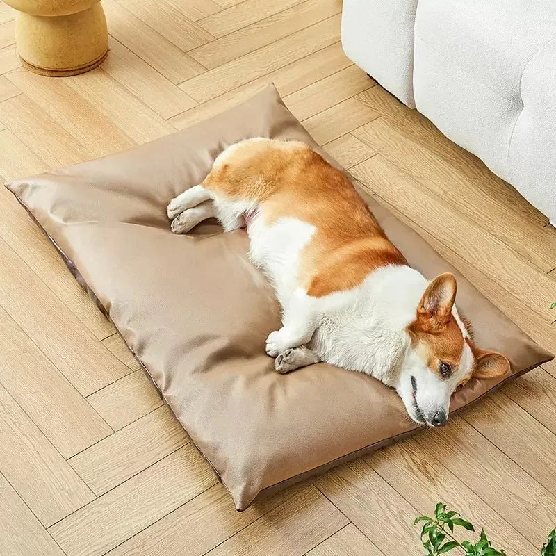 Dog lying on a brown pet bed in a home setting