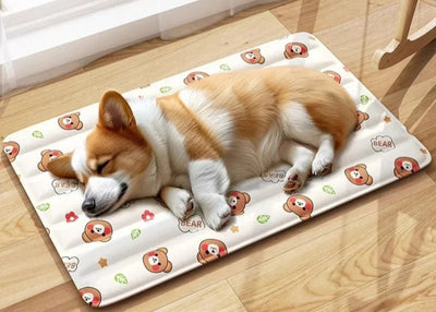 Dog sleeping on a bear-patterned Cooling Dog mat.