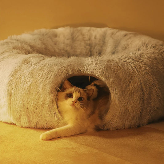 Panier Grotte Chat - 2-en-1 Tunnel Jeu - Pliable - Plush Longue