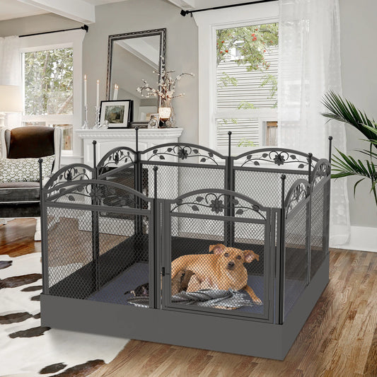 Enclos Intérieur Grand Chien 8 Panneaux Métal - Parc Modulable 126x126cm avec Porte
