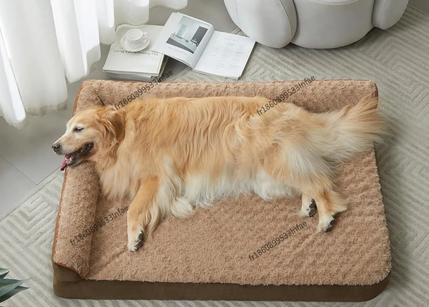 Dog lying on a large brown pet bed in a cozy living room.