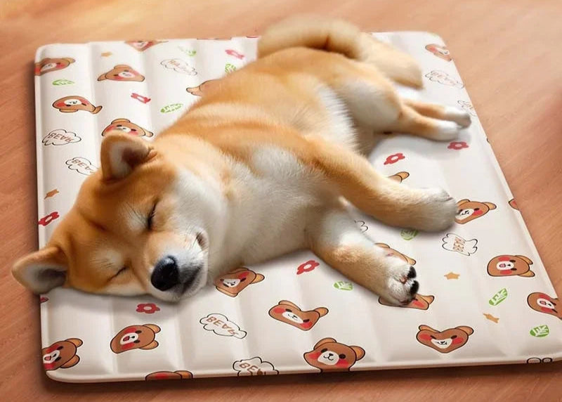 Dog lying on a patterned cooling mat with cartoon bears
