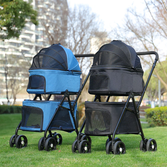 Poussette Double Chien Chat - Pliable - Compartiments Détachables - 2 Niveaux