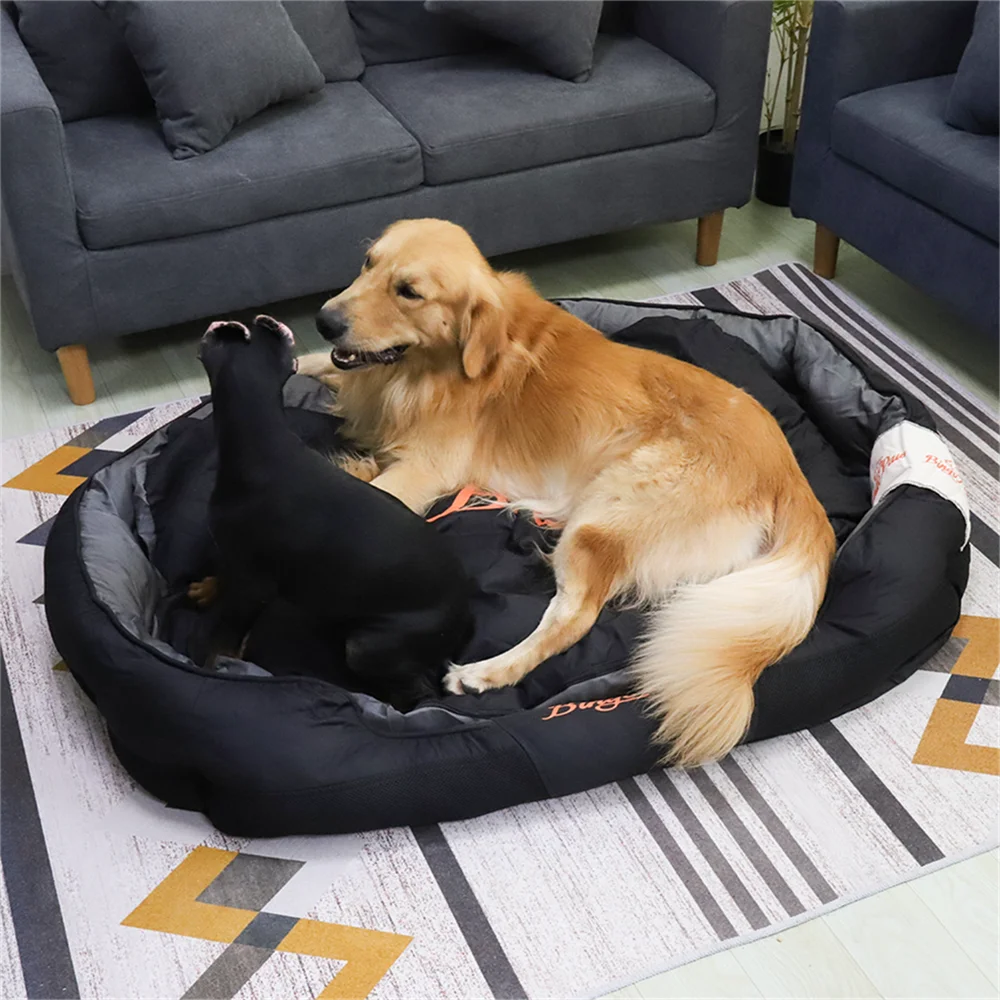 Two dogs on a Waterproof Orthopedic Dog Mattress in a living room setting.